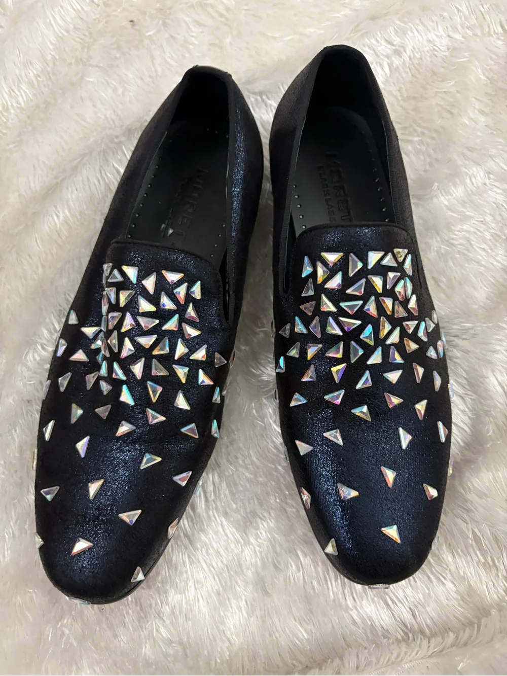 Moretti Black Label loafers featuring black studded iridescent accents size 9.5